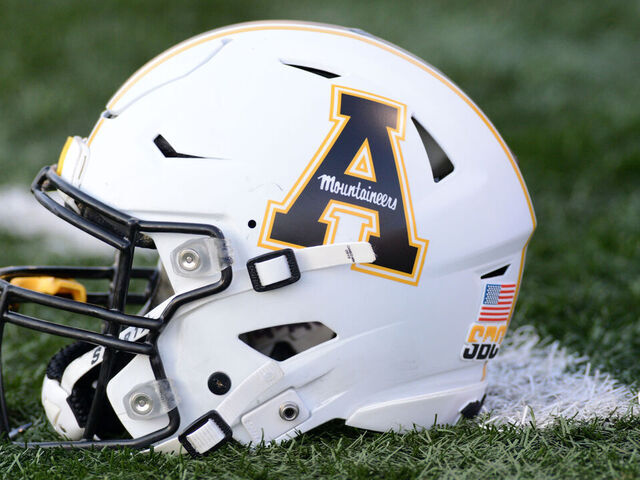 SAN MARCOS, TX - OCTOBER 08: An Appalachian State Mountaineers helmet lays on the sidelines during Sun Belt Conference game featuring the Appalachian State Mountaineers and the Texas State Bobcats on October 8, 2022 at Bobcat Stadium in San Marcos, TX.