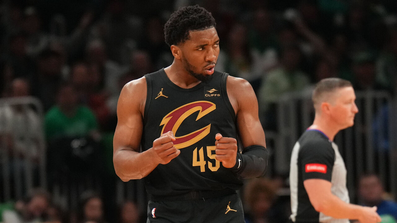 BOSTON, MA - MAY 9: Donovan Mitchell #45 of the Cleveland Cavaliers celebrates during the game against the Boston Celtics during Round 2 Game 2 of the 2024 NBA Playoffs on May 9, 2024 at the TD Garden in Boston, Massachusetts. Mandatory Copyright Notice: Copyright 2024 NBAE