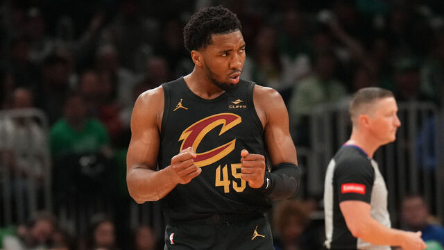 BOSTON, MA - MAY 9: Donovan Mitchell #45 of the Cleveland Cavaliers celebrates during the game against the Boston Celtics during Round 2 Game 2 of the 2024 NBA Playoffs on May 9, 2024 at the TD Garden in Boston, Massachusetts. Mandatory Copyright Notice: Copyright 2024 NBAE