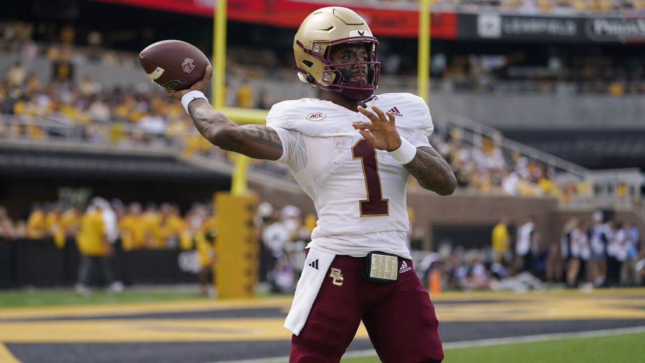 COLUMBIA, MISSOURI - SEPTEMBER 14: Quarterback Thomas Castellanos #1 of the Boston College Eagles looks to pass against the Missouri Tigers in the second half at Faurot Field/Memorial Stadium on September 14, 2024 in Columbia, Missouri.