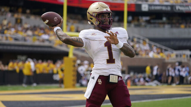 COLUMBIA, MISSOURI - SEPTEMBER 14: Quarterback Thomas Castellanos #1 of the Boston College Eagles looks to pass against the Missouri Tigers in the second half at Faurot Field/Memorial Stadium on September 14, 2024 in Columbia, Missouri.