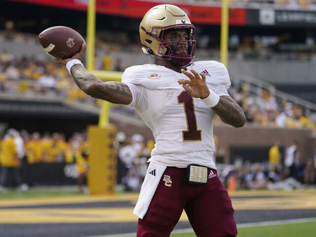 COLUMBIA, MISSOURI - SEPTEMBER 14: Quarterback Thomas Castellanos #1 of the Boston College Eagles looks to pass against the Missouri Tigers in the second half at Faurot Field/Memorial Stadium on September 14, 2024 in Columbia, Missouri.