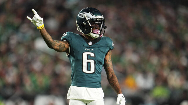 PHILADELPHIA, PA - SEPTEMBER 16: DeVonta Smith #6 of the Philadelphia Eagles lines up before the snap during an NFL football game against the Atlanta Falcons at Lincoln Financial Field on September 16, 2024 in Philadelphia, Pennsylvania.