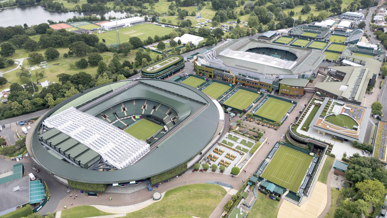 WIMBLEDON - ENGLAND - JUNE 18: An aerial view of Wimbledon's Centre and Number one courts as the ground prepares for this years tournament, June 18, 2024 in London, United Kingdom. (Photograph By Chris Gorma/Getty Images)