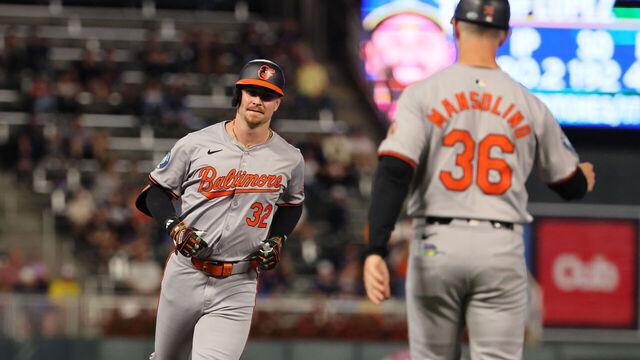 MINNEAPOLIS, MN - SEPTEMBER 27: Ryan O'Hearn #32 of the Baltimore Orioles hits a two run homer in the second inning against the Minnesota Twins at Target Field on September 27, 2024 in Minneapolis, Minnesota.