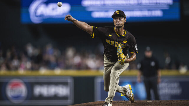 PHOENIX, ARIZONA - SEPTEMBER 27: Yu Darvish #11 of the San Diego Padres pitches in the second inning against the Arizona Diamondbacks at Chase Field on September 27, 2024 in Phoenix, Arizona.
