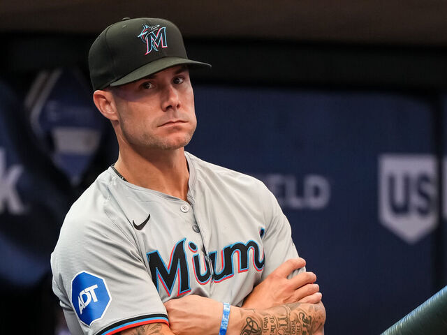 MINNEAPOLIS, MN - SEPTEMBER 24: Manager Skip Schumaker #45 of the Miami Marlins looks on against the Minnesota Twins on September 24, 2024 at Target Field in Minneapolis, Minnesota.