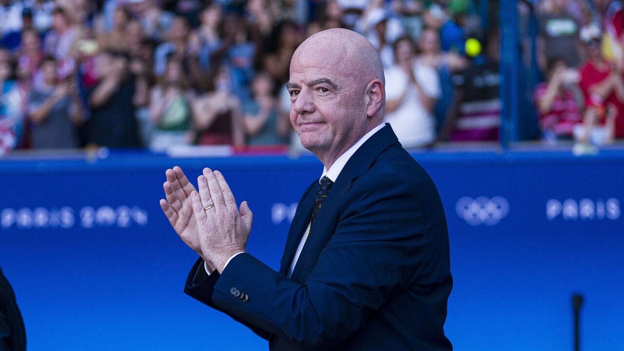 PARIS, FRANCE - AUGUST 10: FIFA President Gianni Infantino on his way to congratulate players at the end of the Women's Gold Medal match between Team Brazil and Team United States during the Olympic Games Paris 2024 at Parc des Princes on August 10, 2024 in Paris, France.