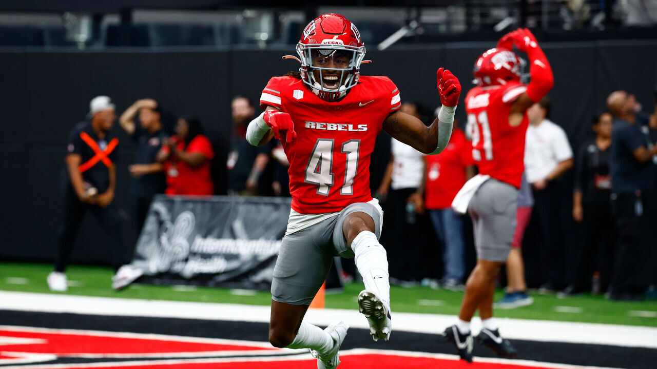 LAS VEGAS, NV - SEPTEMBER 28: Defensive back Rashod Tanner (41) of the UNLV Rebels celebrates after a touchdown during a Mountain West Conference game between the Fresno State Bulldogs and the UNLV Rebels on September 28, 2024 at Allegiant Stadium in Las Vegas, Nevada.