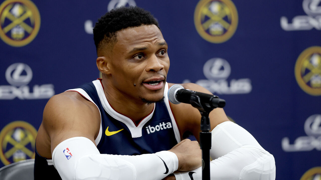 DENVER, COLORADO - SEPTEMBER 26: Russell Westbrook #4 of the Denver Nuggets fields questions during Denver Nuggets Media Day at Ball Arena on September 26, 2024 in Denver, Colorado.