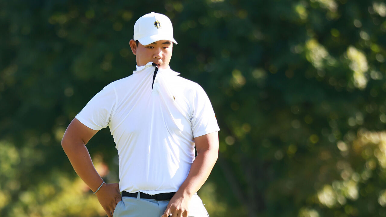 MONTREAL, QUEBEC - SEPTEMBER 28: Tom Kim of South Korea and the International Team looks on after a putt on the first green during Saturday Afternoon Foursomes on day three of the 2024 Presidents Cup at The Royal Montreal Golf Club on September 28, 2024 in Montreal, Quebec, Canada.