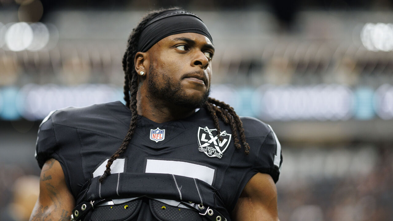 LAS VEGAS, NEVADA - SEPTEMBER 22: Wide receiver Davante Adams #17 of the Las Vegas Raiders stretches prior to an NFL football game against the Carolina Panthers, at Allegiant Stadium on September 22, 2024 in Las Vegas, Nevada.