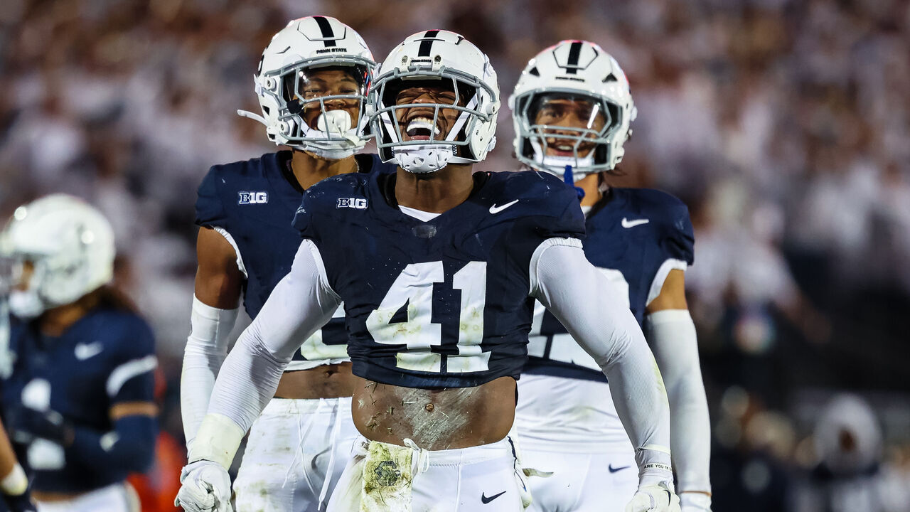 STATE COLLEGE, PA - SEPTEMBER 28: Kobe King #41 of the Penn State Nittany Lions celebrates after a defensive play against the Illinois Fighting Illini during the second half at Beaver Stadium on September 28, 2024 in State College, Pennsylvania.