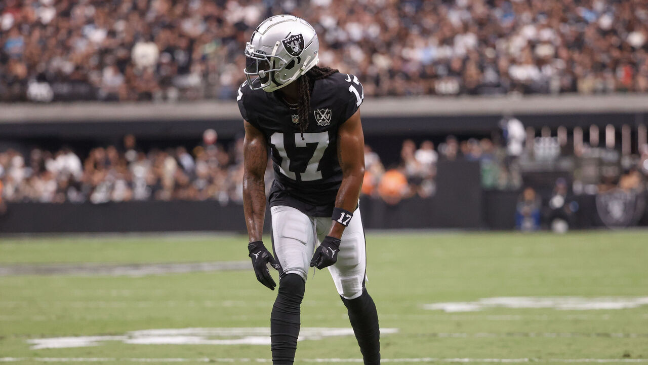 LAS VEGAS, NEVADA - SEPTEMBER 22: Davante Adams #17 of the Las Vegas Raiders looks on during the second quarter of a game against the Carolina Panthersat Allegiant Stadium on September 22, 2024 in Las Vegas, Nevada.