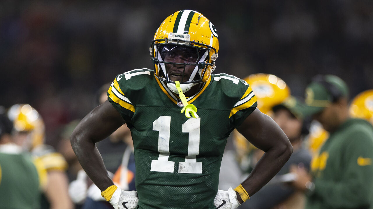 SAO PAULO, BRAZIL - SEPTEMBER 6: Wide receiver Jayden Reed #11 of the Green Bay Packers stands on the field after missing a catch during the third quarter of an NFL football game against the Philadelphia Eagles, at Arena Corinthians on September 6, 2024 in Sao Paulo, Brazil.