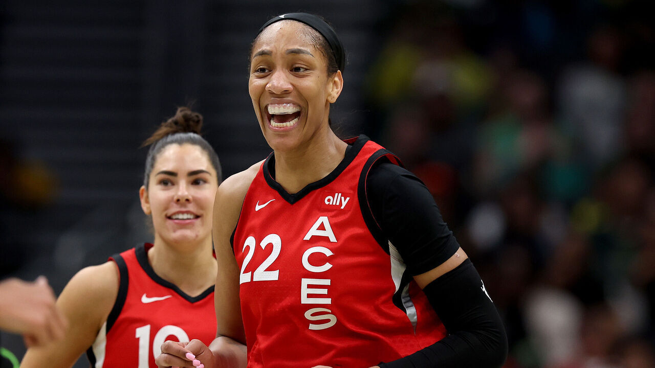 SEATTLE, WASHINGTON - SEPTEMBER 17: A'ja Wilson #22 of the Las Vegas Aces reacts during the fourth quarter against the Seattle Storm at Climate Pledge Arena on September 17, 2024 in Seattle, Washington.