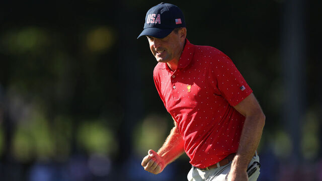 MONTREAL, QUEBEC - SEPTEMBER 29: Keegan Bradley of the U.S. Team celebrates after a putt on the tenth green during Sunday Singles on day four of the 2024 Presidents Cup at The Royal Montreal Golf Club on September 29, 2024 in Montreal, Quebec, Canada.