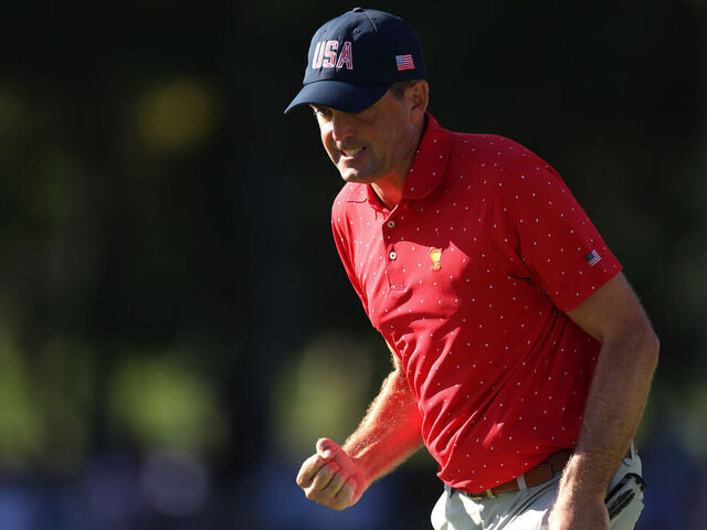 MONTREAL, QUEBEC - SEPTEMBER 29: Keegan Bradley of the U.S. Team celebrates after a putt on the tenth green during Sunday Singles on day four of the 2024 Presidents Cup at The Royal Montreal Golf Club on September 29, 2024 in Montreal, Quebec, Canada.