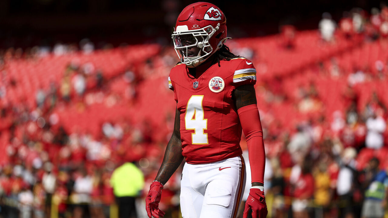 KANSAS CITY, MO - SEPTEMBER 15: Rashee Rice #4 of the Kansas City Chiefs warms up prior to an NFL football game against the Cincinnati Bengals at GEHA Field at Arrowhead Stadium on September 15, 2024 in Kansas City, Missouri.