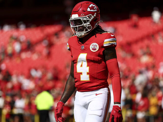KANSAS CITY, MO - SEPTEMBER 15: Rashee Rice #4 of the Kansas City Chiefs warms up prior to an NFL football game against the Cincinnati Bengals at GEHA Field at Arrowhead Stadium on September 15, 2024 in Kansas City, Missouri.