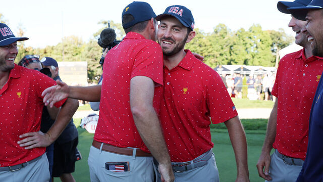 MONTREAL, QUEBEC - SEPTEMBER 29: Patrick Cantlay and Keegan Bradley of the U.S. Team celebrate after defeating the International Team during Sunday Singles on day four of the 2024 Presidents Cup at The Royal Montreal Golf Club on September 29, 2024 in Montreal, Quebec, Canada.