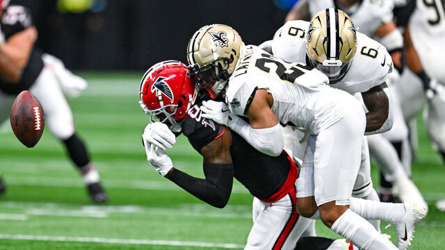 ATLANTA, GA SEPTEMBER 29: New Orleans cornerback Marshon Lattimore (23) knocks the pass away from Atlanta tight end Kyle Pitts (8) during the NFL game between the New Orleans Saints and the Atlanta Falcons on September 29th, 2024 at Mercedes-Benz Stadium in Atlanta, GA.