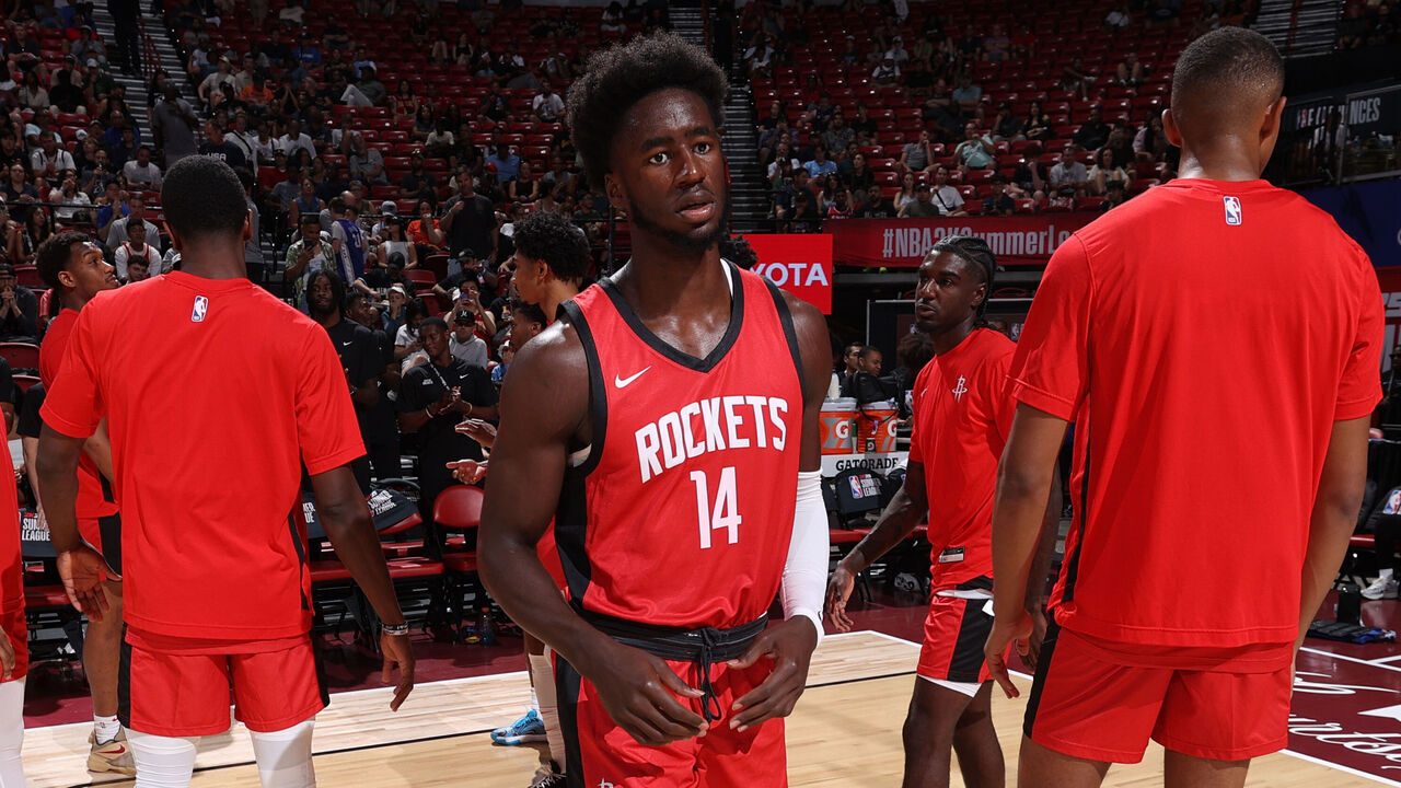 LAS VEGAS, NV - JULY 14: AJ Griffin #14 of the Houston Rockets is introduced before the game against the Washington Wizards on July 14, 2024 at the Thomas & Mack Center in Las Vegas, Nevada. Mandatory Copyright Notice: Copyright 2024 NBAE