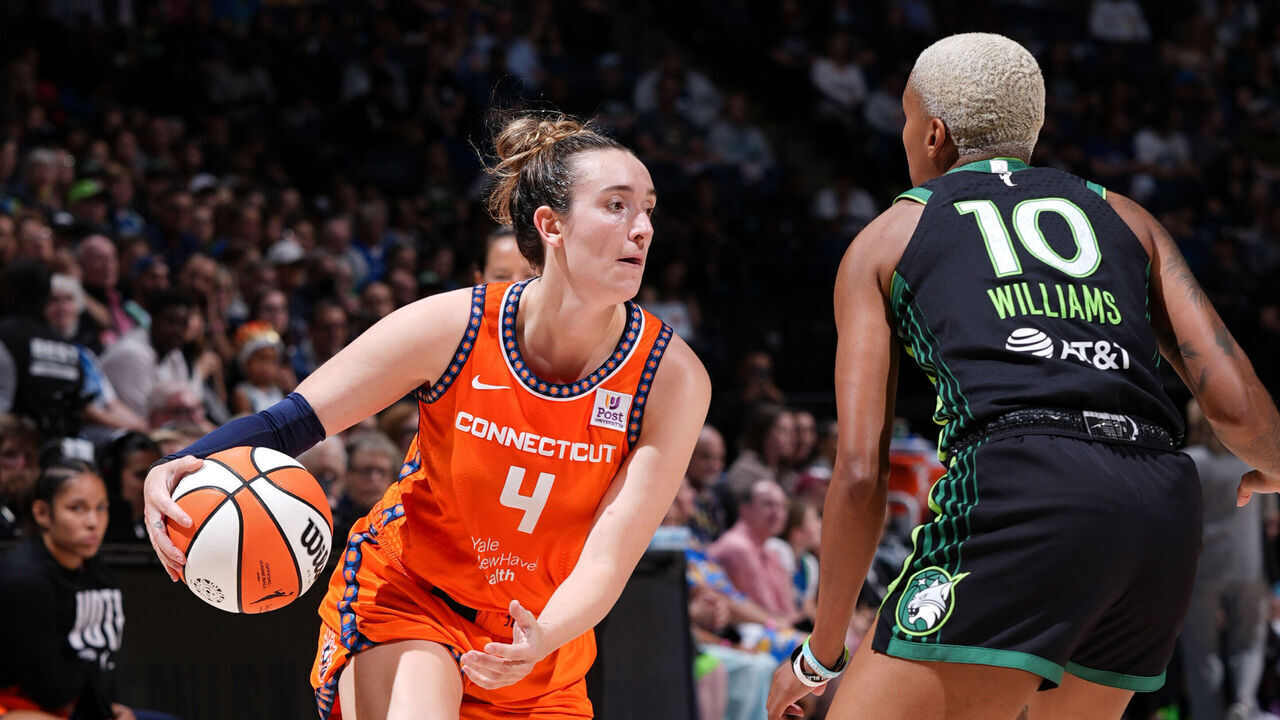 MINNEAPOLIS, MN - SEPTEMBER 29: Marina Mabrey #4 of the Connecticut Sun dribbles the ball during the game against the Minnesota Lynx during Round Two Game One of the 2024 WNBA Playoffs on September 29, 2024 at Target Center in Minneapolis, Minnesota. Mandatory Copyright Notice: Copyright 2024 NBAE