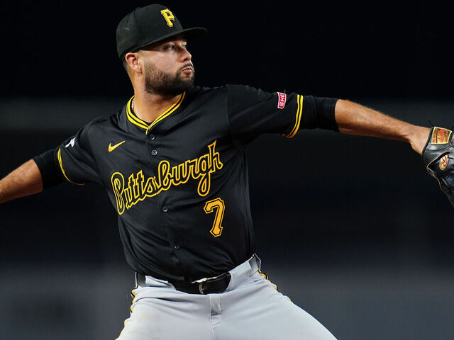 NEW YORK, NY - SEPTEMBER 27: Isiah Kiner-Falefa #7 of the Pittsburgh Pirates throws to first in the seventh inning during the game between the Pittsburgh Pirates and the New York Yankees at Yankee Stadium on Friday, September 27, 2024 in New York, New York.