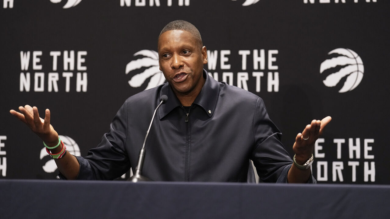 TORONTO, ON - OCTOBER 2: Masai Ujiri President of the Toronto Raptors speaks during media day on October 2, 2023 in Toronto, Ontario, Canada.