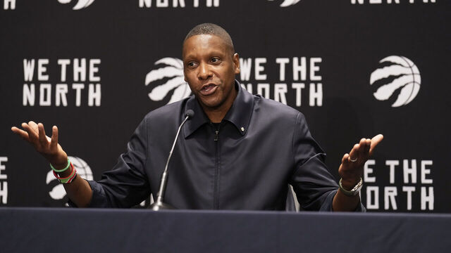 TORONTO, ON - OCTOBER 2: Masai Ujiri President of the Toronto Raptors speaks during media day on October 2, 2023 in Toronto, Ontario, Canada.