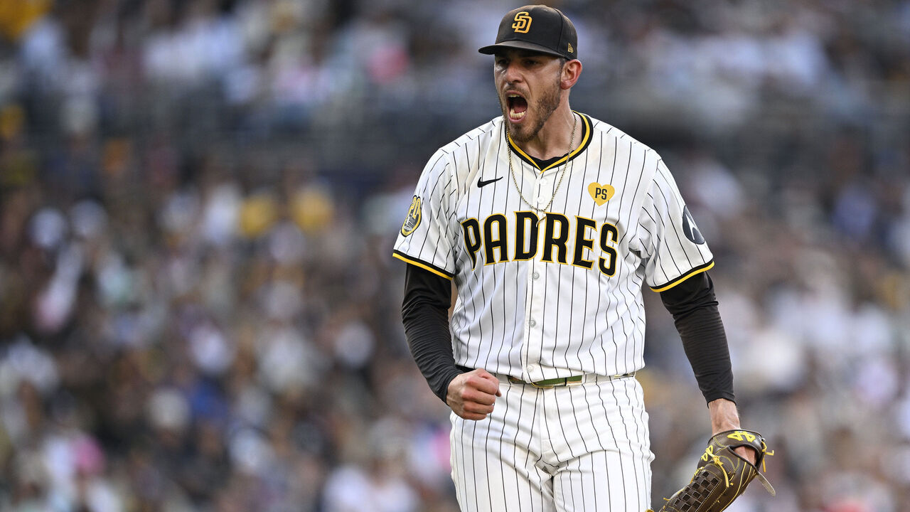 SAN DIEGO, CALIFORNIA - SEPTEMBER 02: Joe Musgrove #44 of the San Diego Padres reacts after a strikeout to end the top of the sixth inning against the Detroit Tigers at Petco Park on September 02, 2024 in San Diego, California.