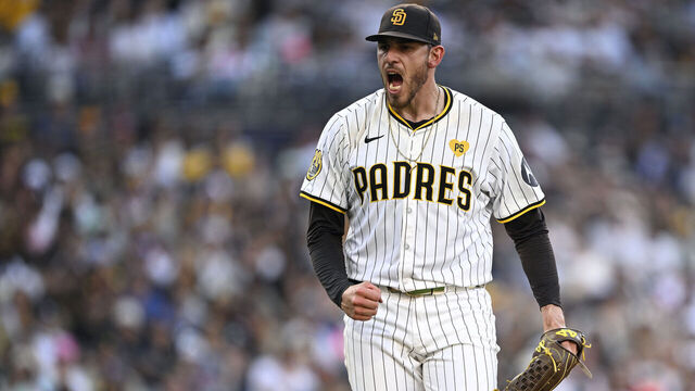 SAN DIEGO, CALIFORNIA - SEPTEMBER 02: Joe Musgrove #44 of the San Diego Padres reacts after a strikeout to end the top of the sixth inning against the Detroit Tigers at Petco Park on September 02, 2024 in San Diego, California.
