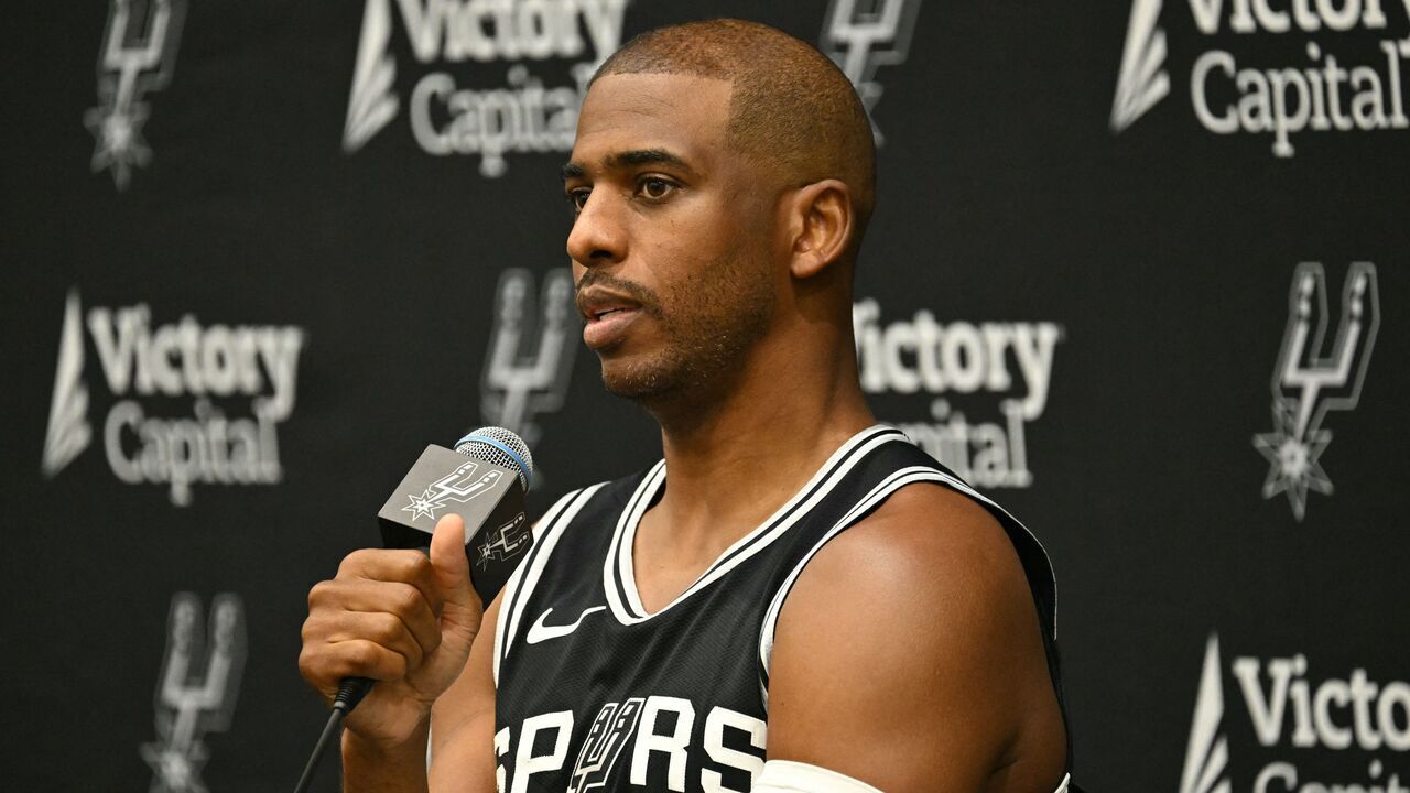 Spurs Point Guard #3 Chris Paul speaks during a media day ahead of the NBA season at the Victory Capital Performance Center in San Antonio, Texas, September 30, 2024.