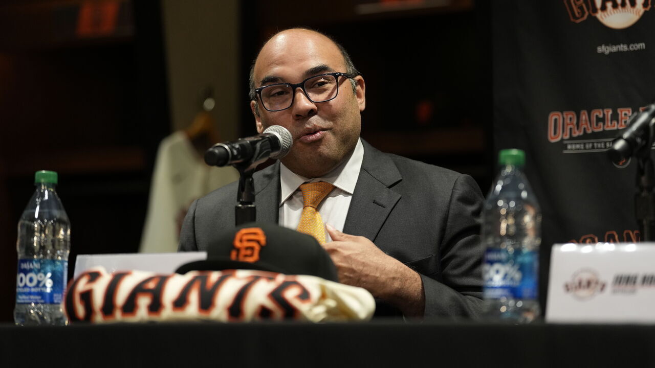 SAN FRANCISCO, CALIFORNIA - DECEMBER 15: Farhan Zaidi and Jung Hoo Lee (51) of the San Francisco Giants hold a press conference to introduce Lee's contract with the San Francisco Giants on December 15, 2023 in San Francisco, California.