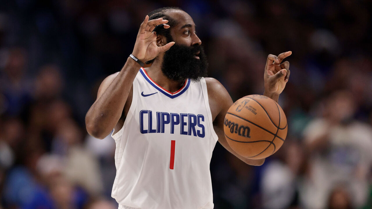 DALLAS, TEXAS - APRIL 28: James Harden #1 of the Los Angeles Clippers brings the ball up court in the second half of game four of the Western Conference First Round Playoffs against the Dallas Mavericks at American Airlines Center on April 28, 2024 in Dallas, Texas.