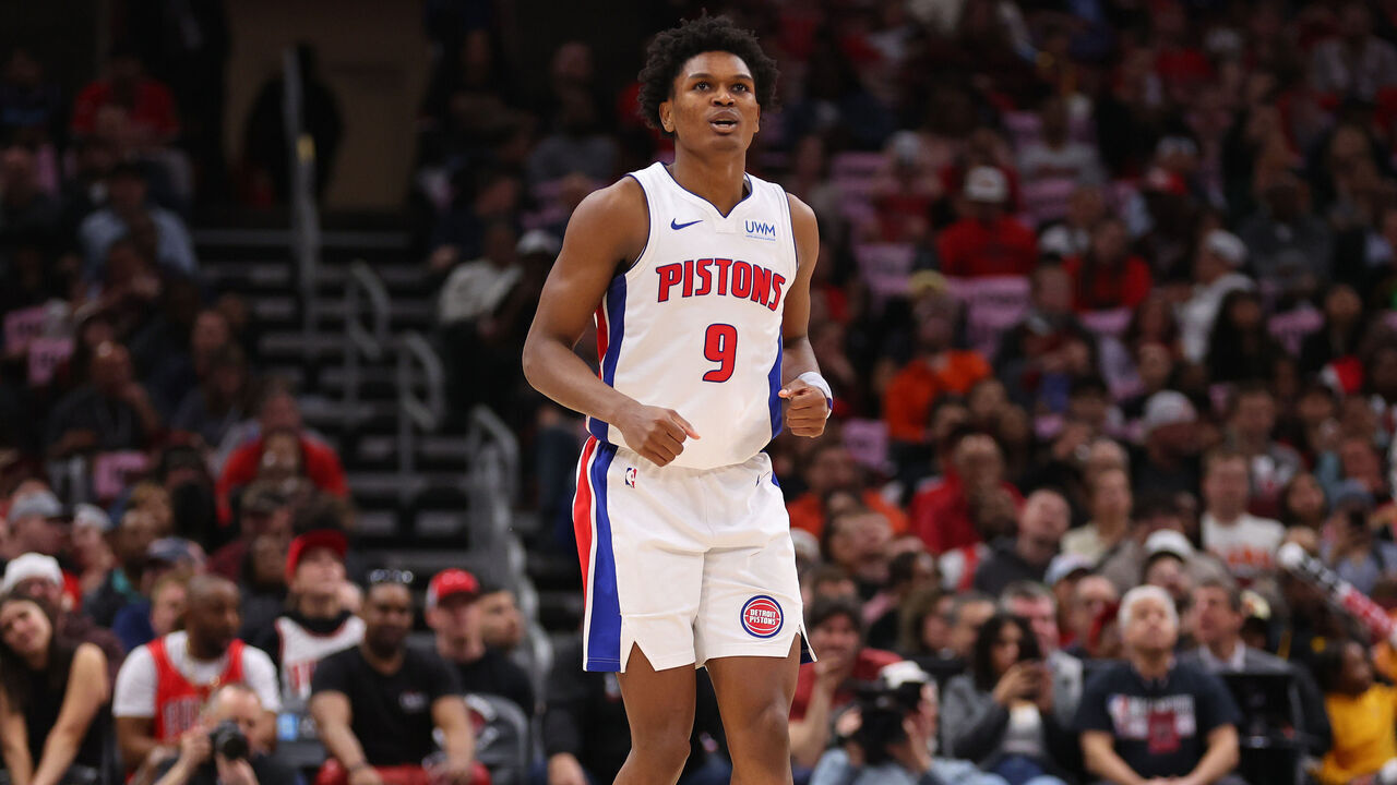 CHICAGO, ILLINOIS - FEBRUARY 27: Ausar Thompson #9 of the Detroit Pistons reacts against the Chicago Bulls during the second half at the United Center on February 27, 2024 in Chicago, Illinois.
