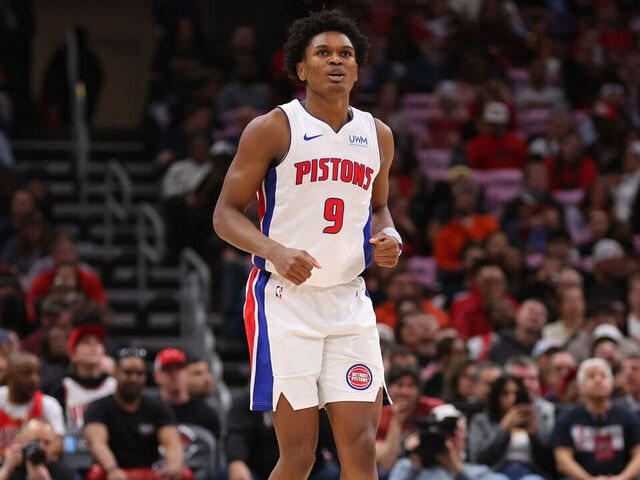 CHICAGO, ILLINOIS - FEBRUARY 27: Ausar Thompson #9 of the Detroit Pistons reacts against the Chicago Bulls during the second half at the United Center on February 27, 2024 in Chicago, Illinois.