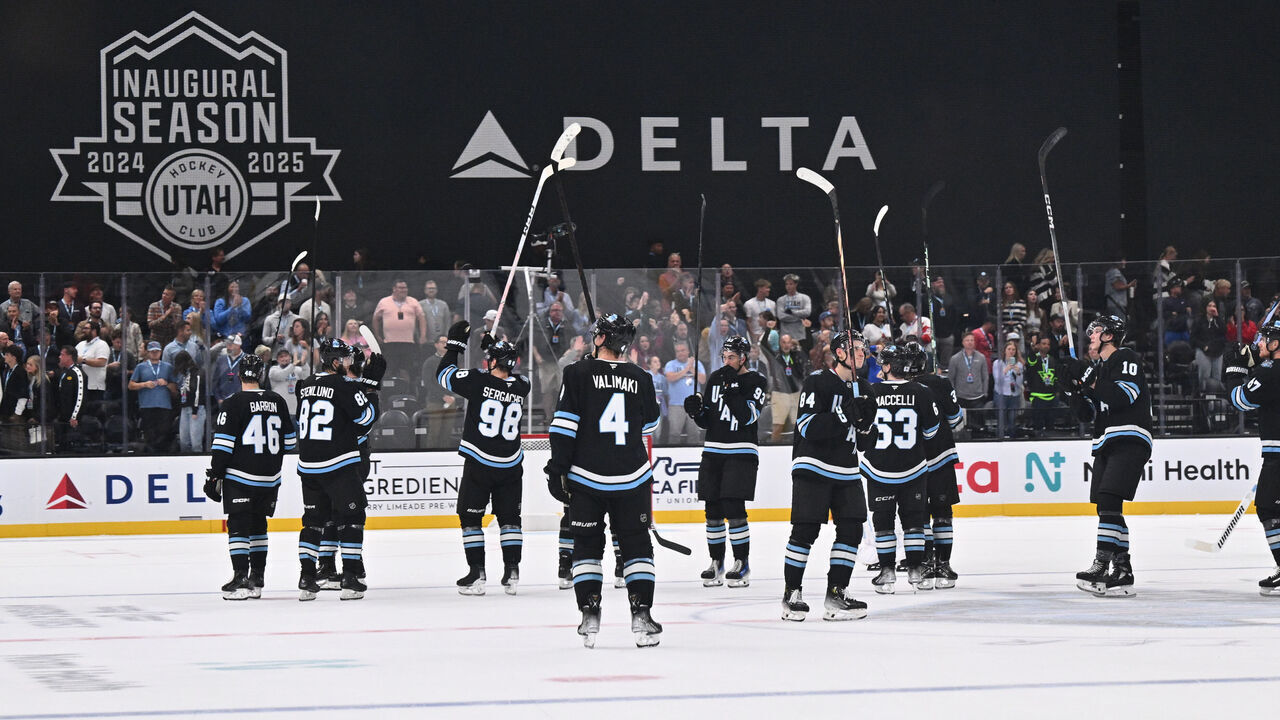 SALT LAKE CITY, UTAH - SEPTEMBER 23: The Utah Hockey Club salutes the fans after defeating the Los Angeles Kings in overtime in a preseason game on September 23, 2024 at Delta Center in Salt Lake City, Utah.