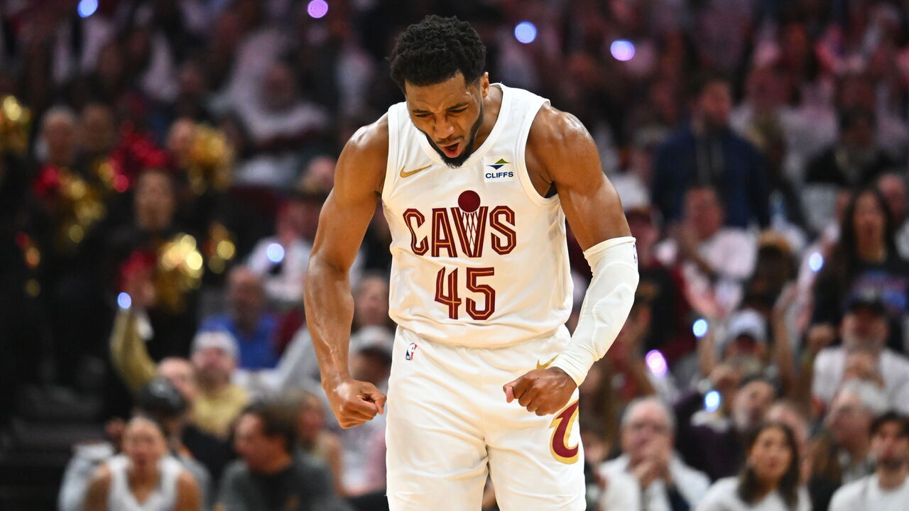 CLEVELAND, OHIO - MAY 11: Donovan Mitchell #45 of the Cleveland Cavaliers celebrates after scoring a basket against the Boston Celtics during the second quarter in Game Three of the Eastern Conference Second Round Playoffs at Rocket Mortgage Fieldhouse on May 11, 2024 in Cleveland, Ohio.