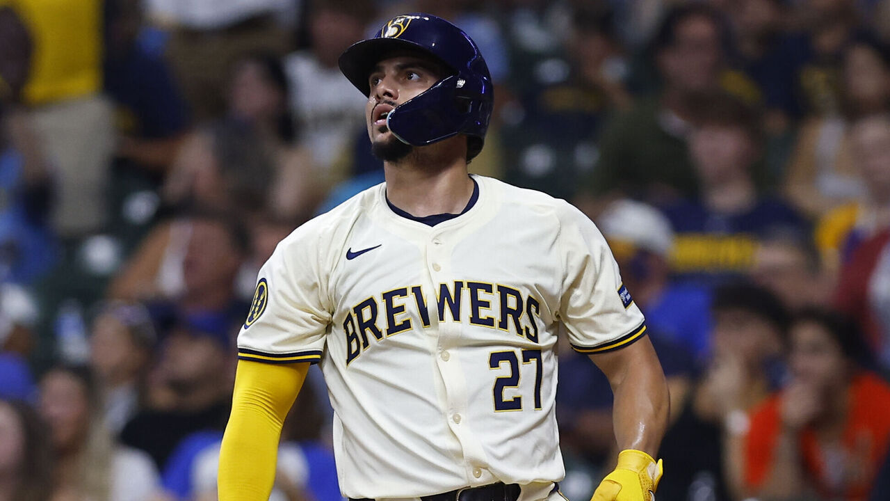 MILWAUKEE, WI - AUGUST 27: Milwaukee Brewers shortstop Willy Adames (27) admires his home run during a game between the Milwaukee Brewers and the San Francisco Giants at American Family Field, on August 27, 2024 in Milwaukee, WI.