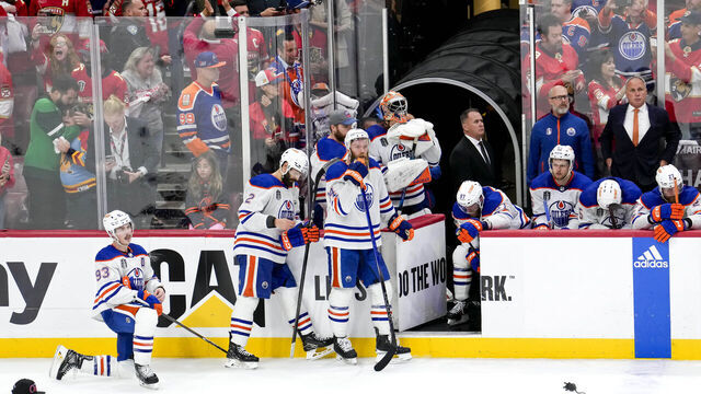 SUNRISE, FL - JUNE 24: Edmonton Oilers dejected after losing the NHL Stanley Cup Finals, Game 7 between the Florida Panthers and Edmonton Oilers on June 24th, 2024 at Amerant Bank Arena in Sunrise, FL.
