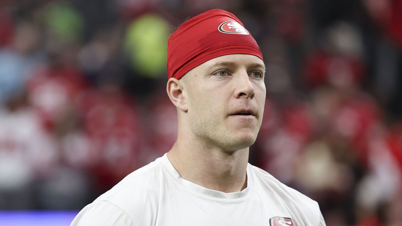 LAS VEGAS, NV - FEBRUARY 11: Christian McCaffrey #23 of the San Francisco 49ers warms up prior to Super Bowl LVIII against the Kansas City Chiefs at Allegiant Stadium on February 11, 2024 in Las Vegas, NV.