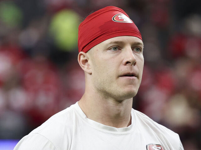 LAS VEGAS, NV - FEBRUARY 11: Christian McCaffrey #23 of the San Francisco 49ers warms up prior to Super Bowl LVIII against the Kansas City Chiefs at Allegiant Stadium on February 11, 2024 in Las Vegas, NV.