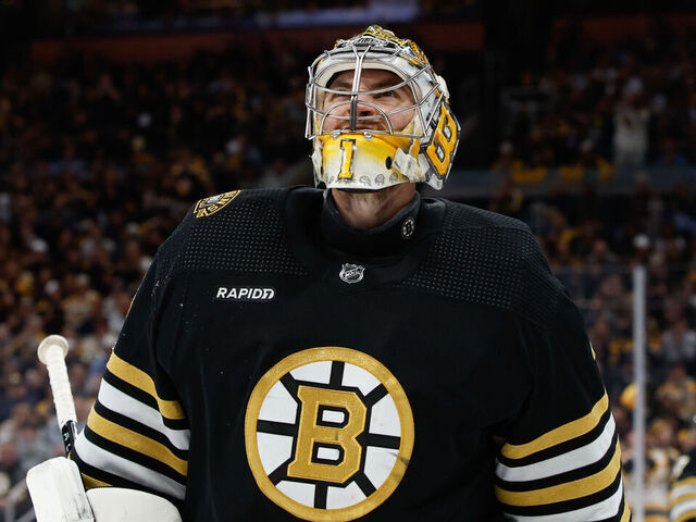 BOSTON, MASSACHUSETTS - MAY 12: Jeremy Swayman #1 of the Boston Bruins tends goal against the Florida Panthers during the second period in Game Four of the Second Round of the 2024 Stanley Cup Playoffs at the TD Garden on May 12, 2024 in Boston, Massachusetts. The Panthers won 3-2.
