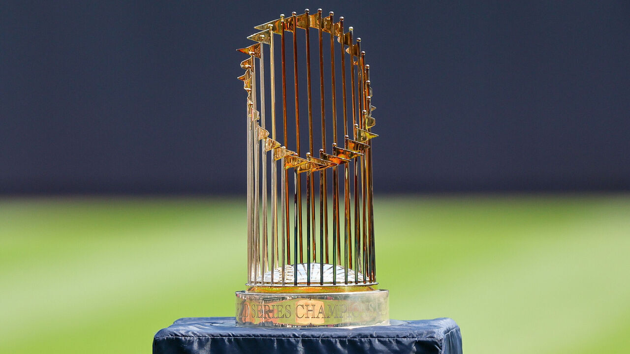 BRONX, NY - AUGUST 24: A general view of the 2009 World Series trophy during the New York Yankees Old Timers Day on August 24, 2024 at Yankee Stadium in the Bronx, New York.