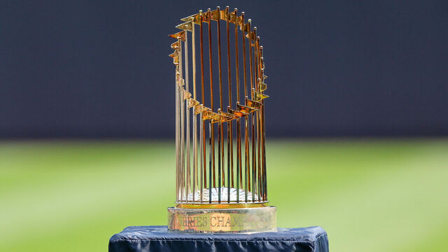 BRONX, NY - AUGUST 24: A general view of the 2009 World Series trophy during the New York Yankees Old Timers Day on August 24, 2024 at Yankee Stadium in the Bronx, New York.