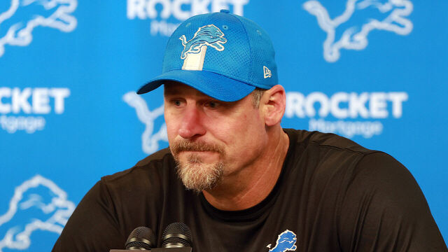 DETROIT, MICHIGAN-SEPTEMBER 30: Detroit Lions head coach Dan Campbell speaks at a press conference after a game between the Detroit Lions and the Seattle Seahawks in Detroit, Michigan USA, on Monday, September 30, 2024