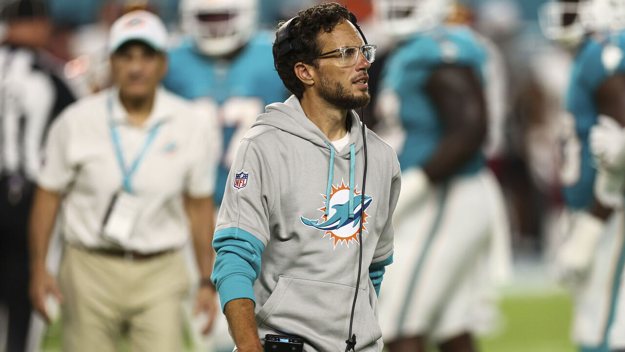 MIAMI GARDENS, FL - AUGUST 17: Head coach Mike McDaniel of the Miami Dolphins reacts on the sidelines during the third quarter of an NFL preseason football game against the Washington Commanders at Hard Rock Stadium on August 17, 2024 in Miami Gardens, FL.