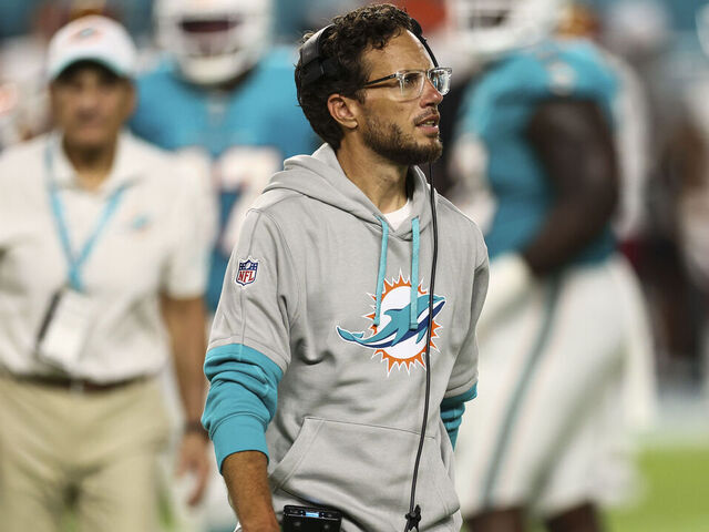 MIAMI GARDENS, FL - AUGUST 17: Head coach Mike McDaniel of the Miami Dolphins reacts on the sidelines during the third quarter of an NFL preseason football game against the Washington Commanders at Hard Rock Stadium on August 17, 2024 in Miami Gardens, FL.